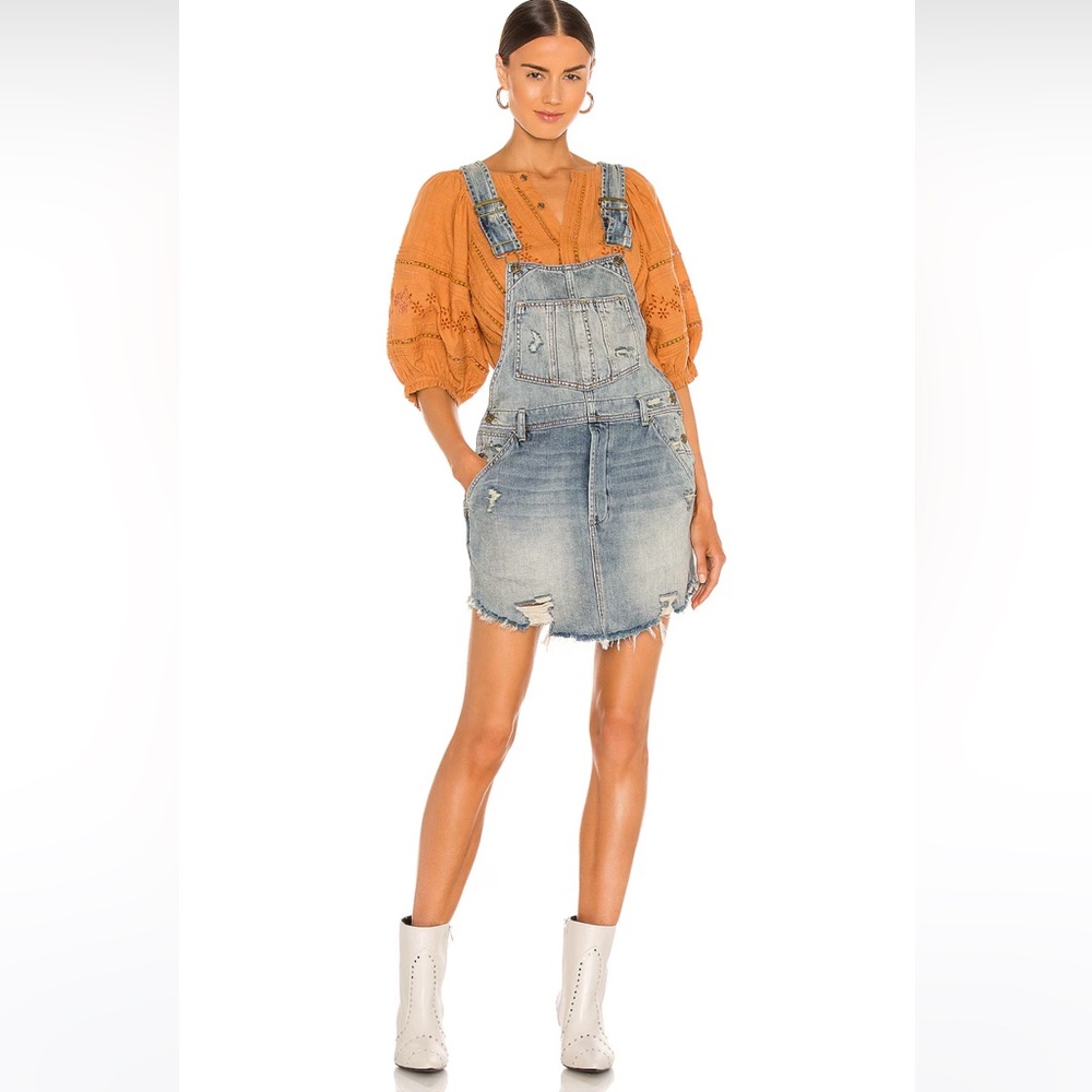 Free People Baxter Denim Jumper Skirt in Grunge Blue Size L